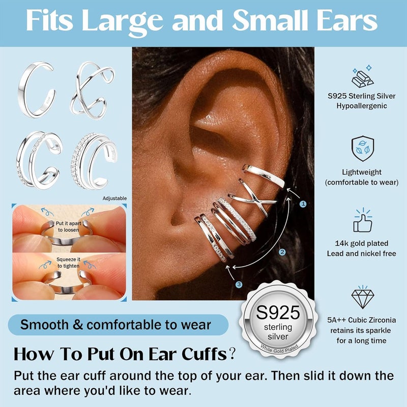 JeryWe 4 Pcs 925 Sterling Silver Ear Cuff for Women Non Piercing Adjustable Ear Cuff Earrings Clip On Cartilage Helix Wrap Ear Jewelry Set - Image 2